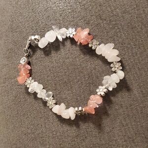 Rose Quartz & Moonstone Gemstone Bracelet – Floral Silver Accents